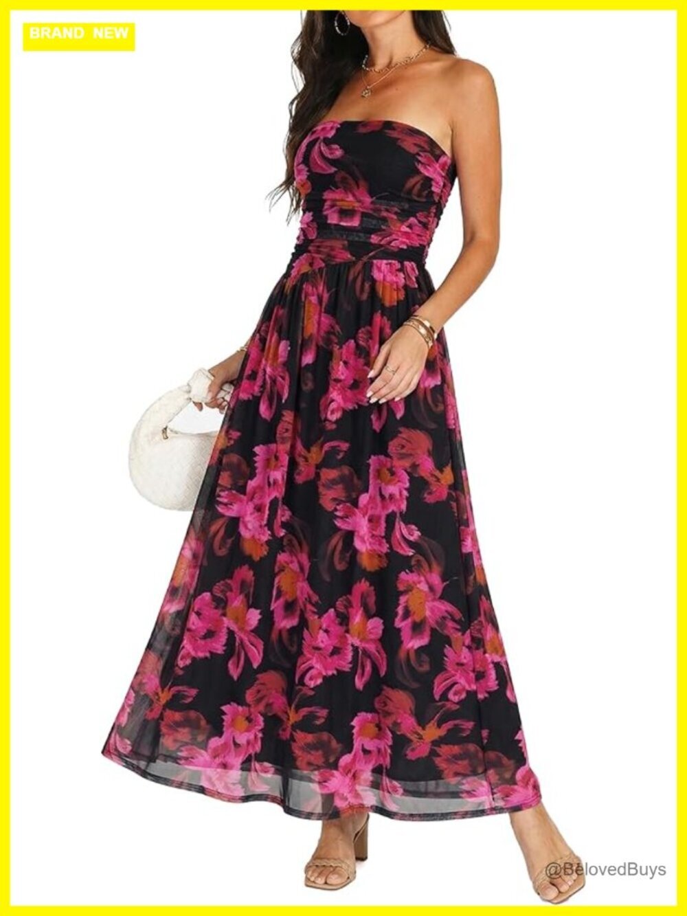 Strapless Maxi Dress Fit & Flare Mesh Ruched Bodice Wedding Guest Cocktail
